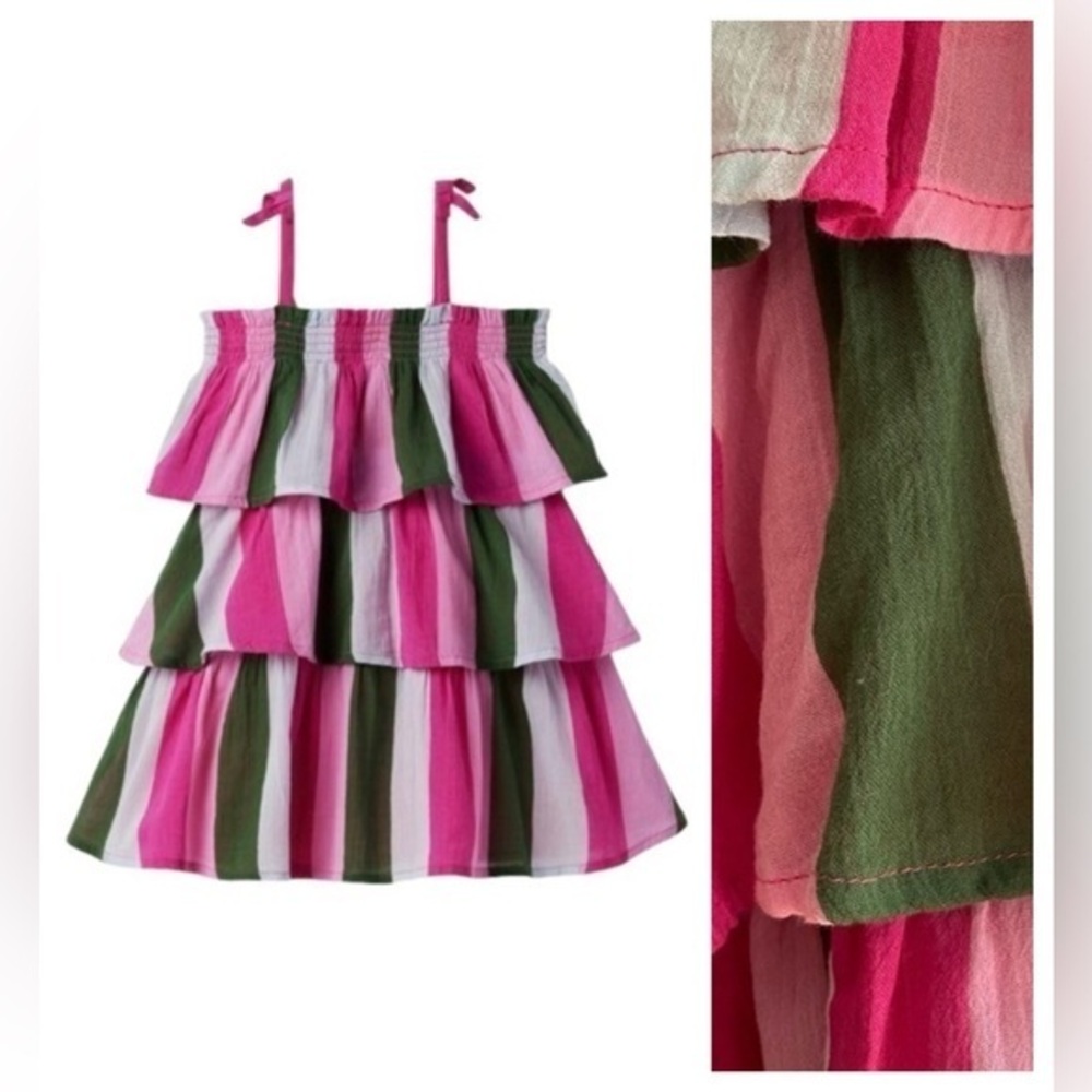 Janie and Jack Green Pink Smocked Gauze Tiered Ruffle Sundress - Picture 1 of 8